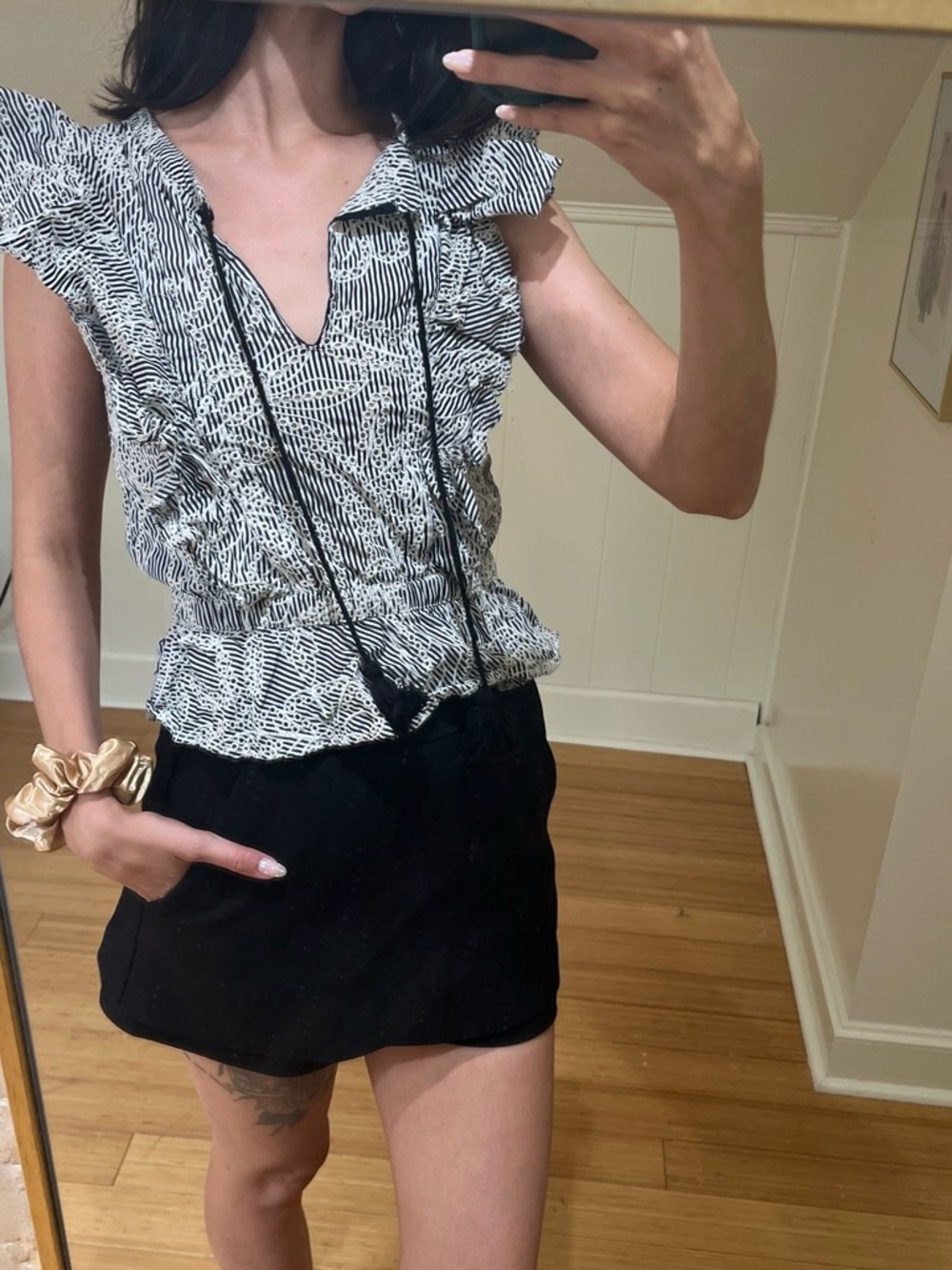 McGuire Denim Black and White Ruffled V-Neck Blouse